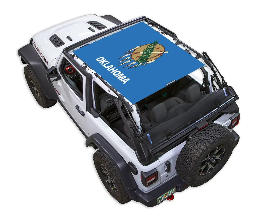 Sun shade for Jeep Wrangler JL 2-Door by SpiderWebShade with blue Oklahoma flag print