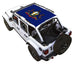 SpiderWebShade sun shade for Jeep Wrangler JLU 4-Door; blue stock printed top with crest design.