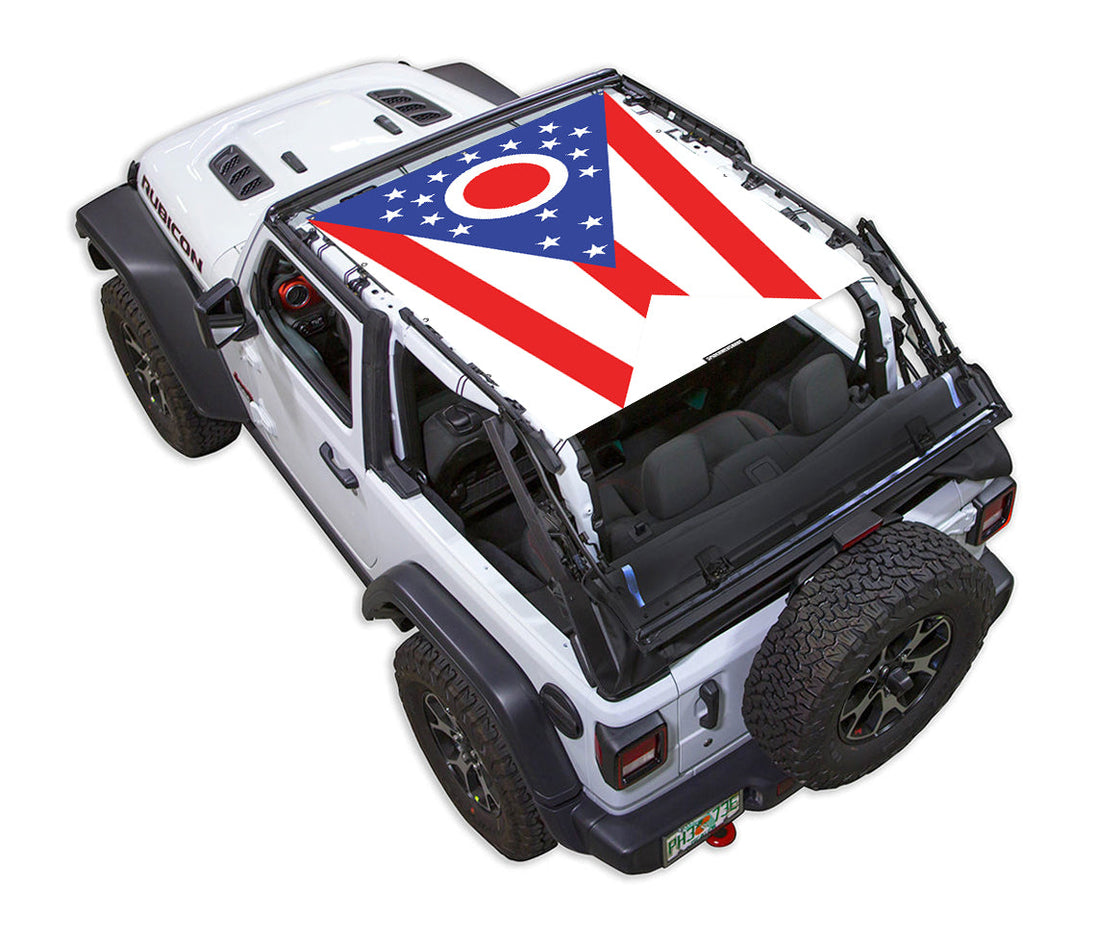 SpiderWebShade Sun Shade for Jeep Wrangler JL 2-Door; stock printed top with flag motif