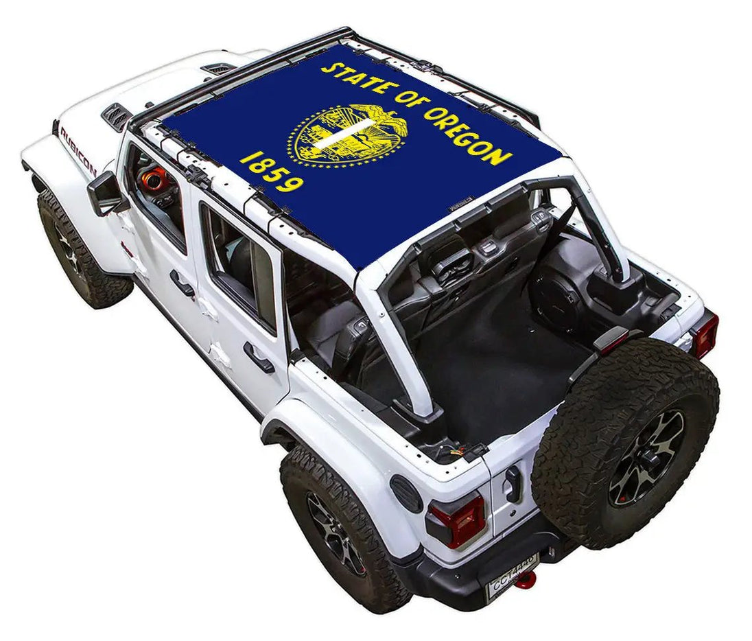Sun shade top for Jeep Wrangler JLU 4-Door by SpiderWebShade; blue stock-printed Oregon state flag design