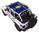 Sun shade top for Jeep Wrangler JLU 4-Door by SpiderWebShade; blue stock-printed Oregon state flag design