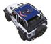 SpiderWebShade sun shade for Jeep Wrangler JL 2-Door with blue North Dakota flag print.