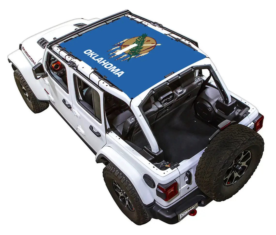 SPIDERWEBSHADE sun shade on Jeep Wrangler JLU 4-Door; blue Oklahoma flag printed top