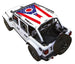 Sun shade for Jeep Wrangler JLU 4-Door; SPIDERWEBSHADE stock printed top in white with American flag design.