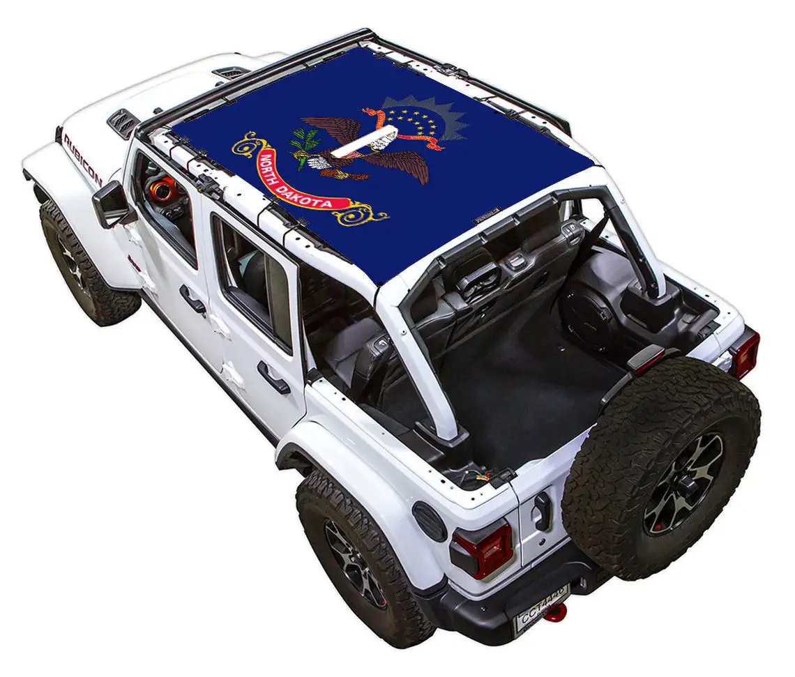 SpiderWebShade sun shade for Jeep Wrangler JLU 4-Door, blue stock printed top featuring the North Dakota state flag