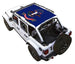 SpiderWebShade sun shade for Jeep Wrangler JLU 4-Door, blue stock printed top featuring the North Dakota state flag
