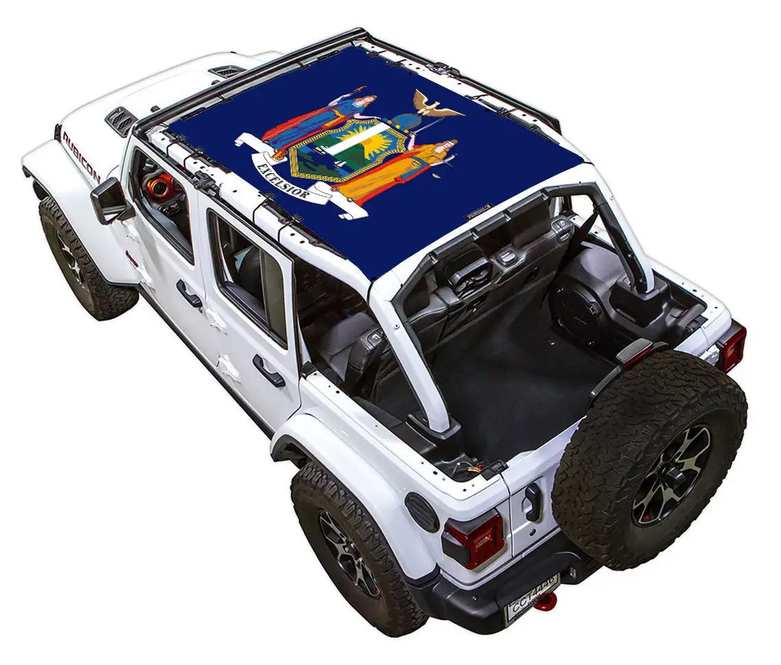 Sun shade for Jeep Wrangler JLU 4-Door by SPIDERWEBSHADE; blue stock-printed shade top.