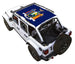 Sun shade for Jeep Wrangler JLU 4-Door by SPIDERWEBSHADE; blue stock-printed shade top.