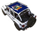 Sun shade for Jeep Wrangler JLU 4-Door by SPIDERWEBSHADE; blue stock-printed shade top.