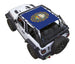 Sun shade for Jeep Wrangler JL 2-Door by SPIDERWEBSHADE; blue printed shade top.