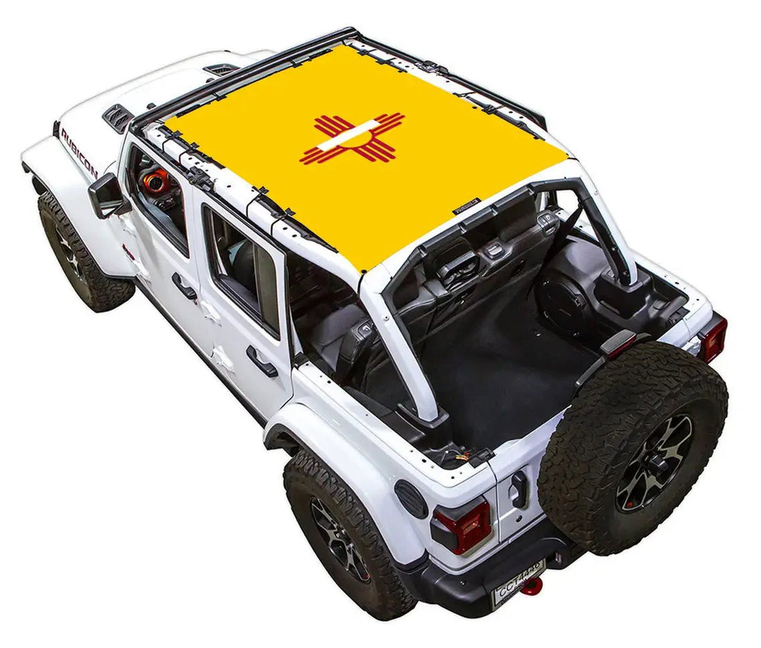 Sun Shade for Jeep Wrangler JLU 4-Door by SpiderWebShade; yellow stock-printed shade top