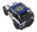 SpiderWebShade sun shade for Jeep Wrangler JL 2-Door; blue printed top with gold state seal logo