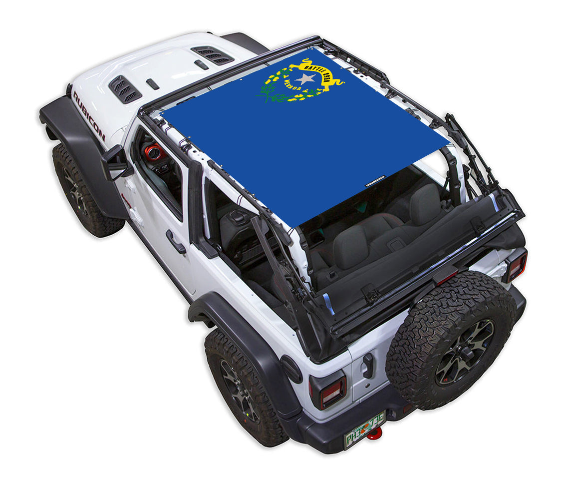 Sun Shade for Jeep Wrangler JL 2-Door; SPIDERWEBSHADE blue stock printed shade top with logo
