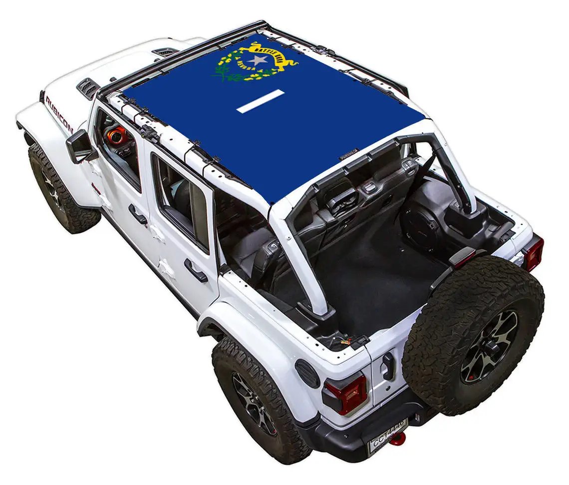 Sun shade for Jeep Wrangler JLU 4-Door, SPIDERWEBSHADE blue stock-printed top with emblem