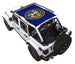 SpiderWebShade sun shade top for Jeep Wrangler JLU 4-Door; blue stock-printed shade with gold state seal logo.