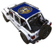 SpiderWebShade sun shade top for Jeep Wrangler JLU 4-Door; blue stock-printed shade with gold state seal logo.