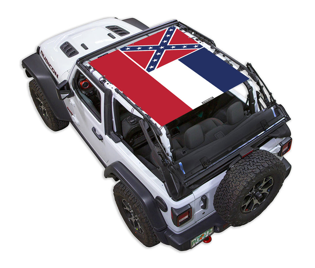SPIDERWEBSHADE sun shade top for Jeep Wrangler JL 2-Door; printed Confederate flag design, red, white and blue