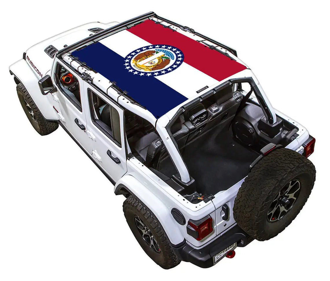 Sun shade SpiderWebShade for Jeep Wrangler JLU 4-Door with Missouri state flag print on roof