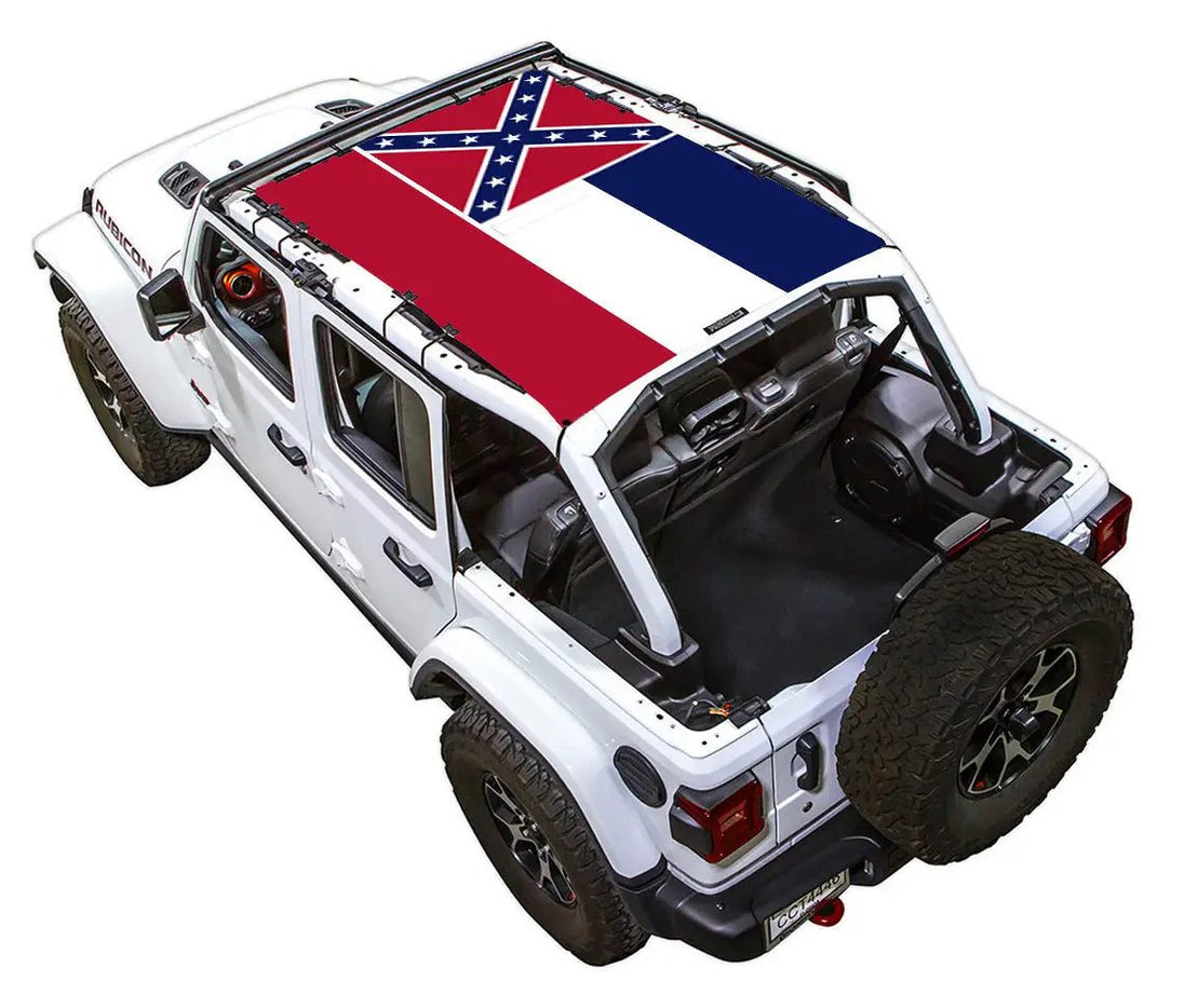 Spiderwebshade sun shade top for Jeep Wrangler JLU 4-Door with Confederate flag print on white SUV