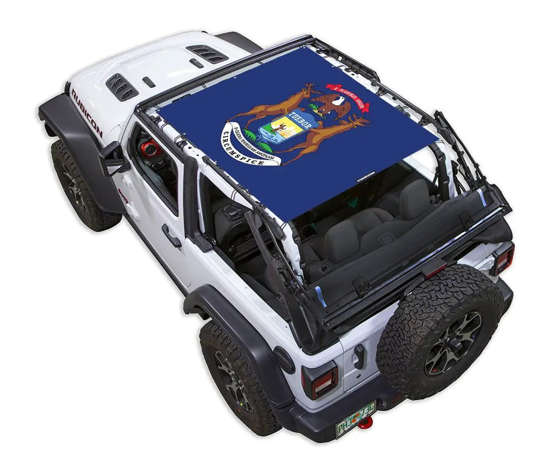 Sun shade top for Jeep Wrangler JL 2-Door by SpiderWebShade, blue printed shade panel on white Jeep