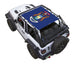 Sun shade top for Jeep Wrangler JL 2-Door by SpiderWebShade, blue printed shade panel on white Jeep