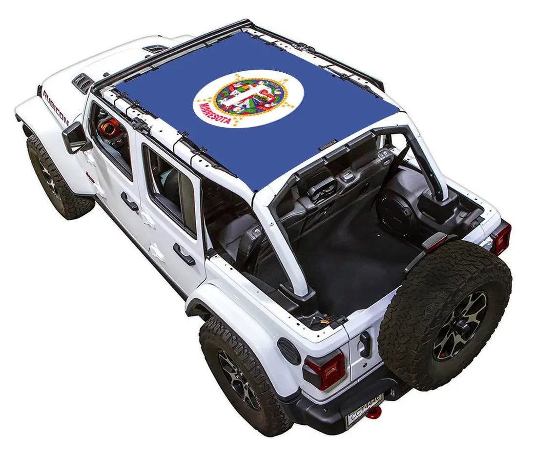 Sun Shade for Jeep Wrangler JLU 4-Door by SPIDERWEBSHADE; blue stock-printed top with circular emblem