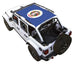 Sun Shade for Jeep Wrangler JLU 4-Door by SPIDERWEBSHADE; blue stock-printed top with circular emblem