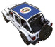 Sun Shade for Jeep Wrangler JLU 4-Door by SPIDERWEBSHADE; blue stock-printed top with circular emblem
