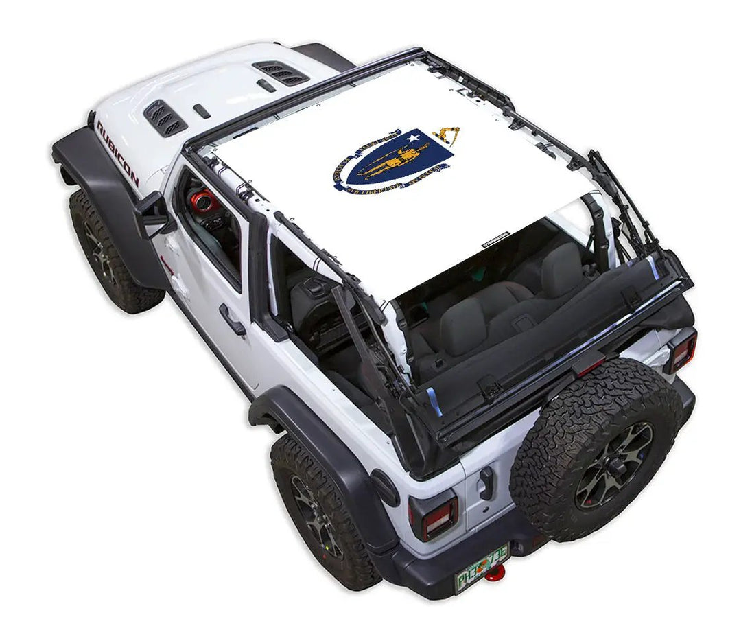 Sun shade top for Jeep Wrangler JL 2-Door (2018–2026) with stock printed emblem by SpiderWebShade