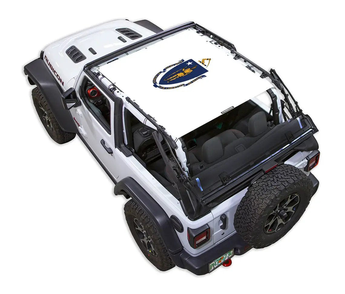 Sun shade top for Jeep Wrangler JL 2-Door (2018–2026) with stock printed emblem by SpiderWebShade