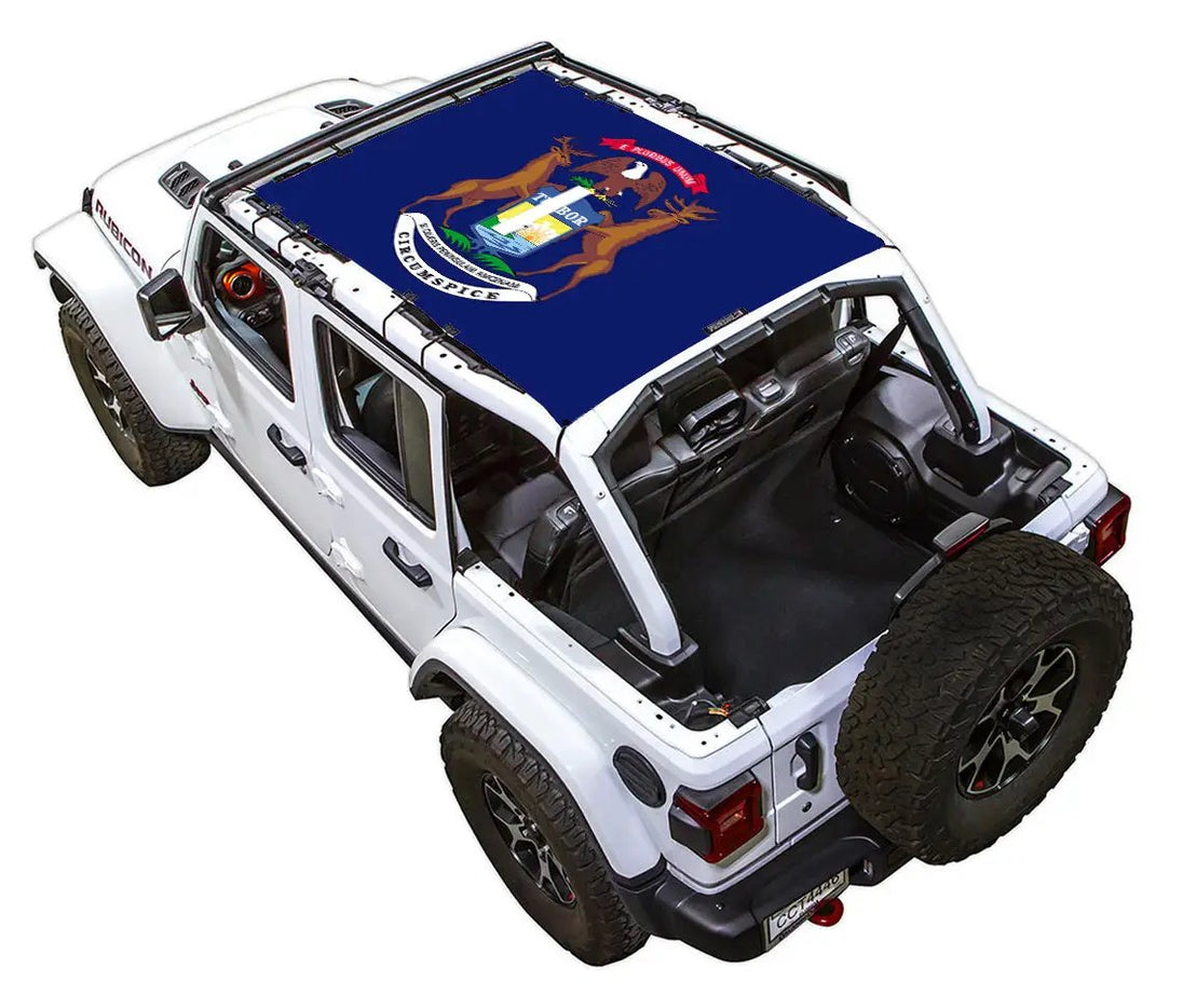 Sun Shade SPIDERWEBSHADE for Jeep Wrangler JLU 4-Door; blue printed shade top on roof