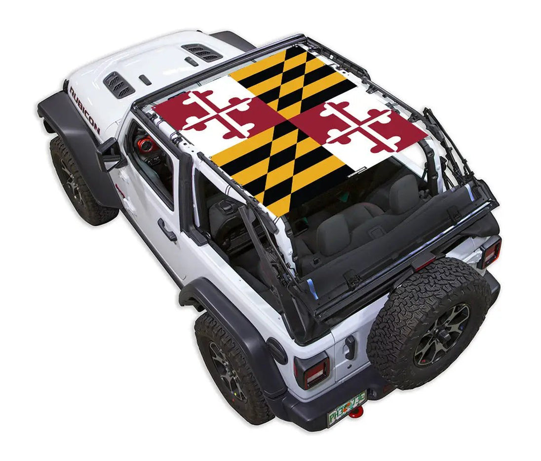 SPIDERWEBSHADE sun shade for Jeep Wrangler JL 2-Door, stock printed shade top with Maryland flag design