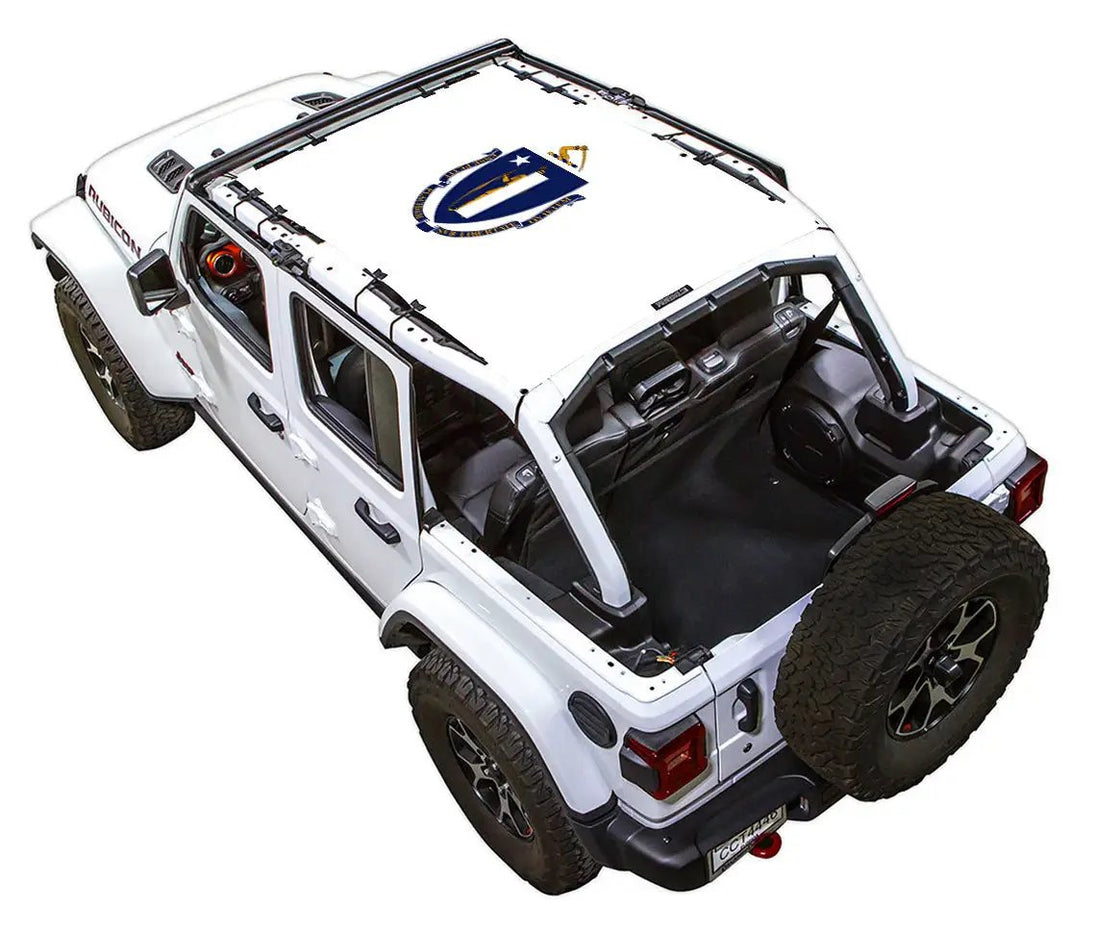 Sun shade for Jeep Wrangler JLU 4-Door by SPIDERWEBSHADE; white stock-printed shade top with emblem.