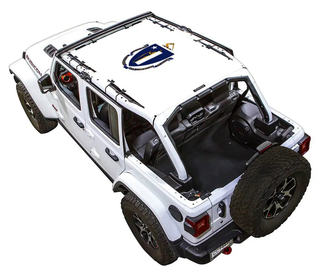 Sun shade for Jeep Wrangler JLU 4-Door by SPIDERWEBSHADE; white stock-printed shade top with emblem.