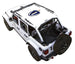 Sun shade for Jeep Wrangler JLU 4-Door by SPIDERWEBSHADE; white stock-printed shade top with emblem.