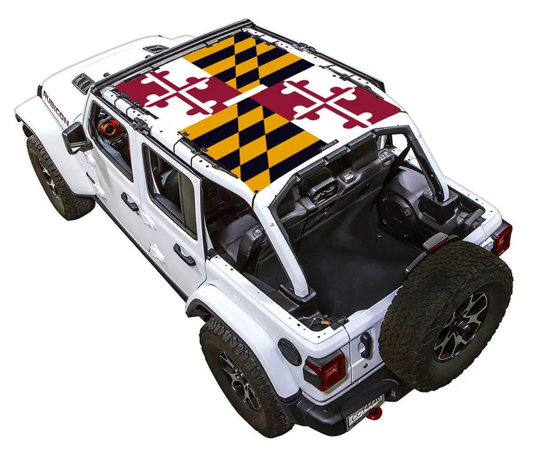 Sun shade top for Jeep Wrangler JLU 4-Door by SPIDERWEBSHADE featuring Maryland flag print.
