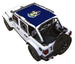 Sun shade by SPIDERWEBSHADE for Jeep Wrangler JLU 4-door; blue stock-printed roof with crest.