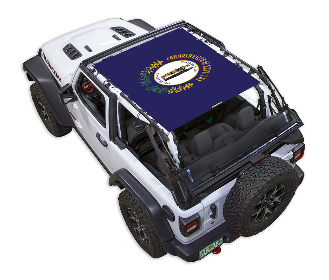 Sun shade top for Jeep Wrangler JL 2-Door by SPIDERWEBSHADE; navy printed shade with emblem