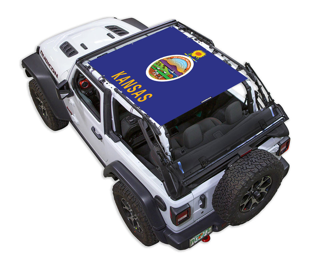 Sun Shade for Jeep Wrangler JL 2-Door by SPIDERWEBSHADE; blue stock printed shade top featuring Kansas state flag