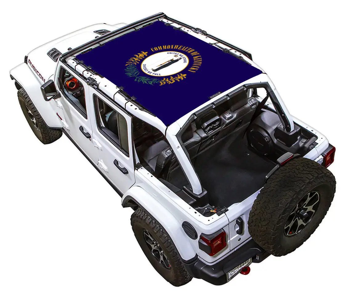 Sun shade for Jeep Wrangler JLU 4-Door by SpiderWebShade; stock printed navy top with circular emblem