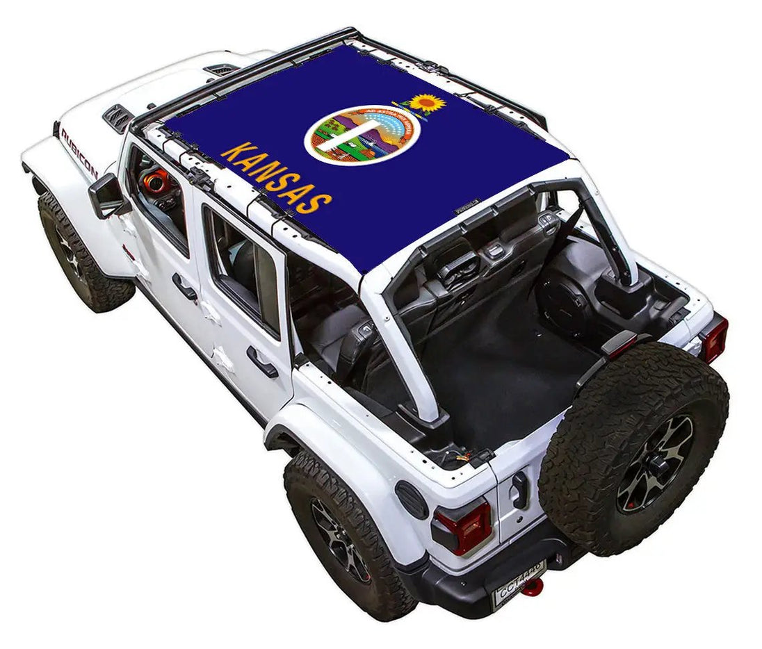 Sun Shade for Jeep Wrangler JLU 4-Door by SPIDERWEBSHADE; blue printed shade top with Kansas flag design