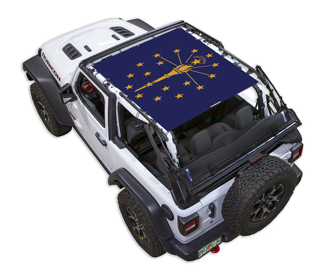 SpiderWebShade sun shade for Jeep Wrangler JL 2-Door, navy with Indiana state flag design.