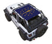 SpiderWebShade sun shade for Jeep Wrangler JL 2-Door, navy with Indiana state flag design.