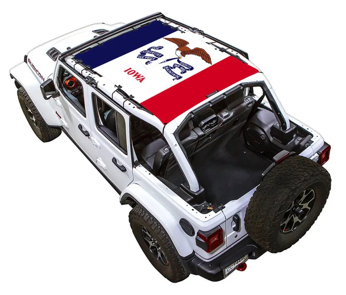 Sun shade for Jeep Wrangler JLU 4-Door by SPIDERWEBSHADE; stock printed top featuring Iowa flag motif.