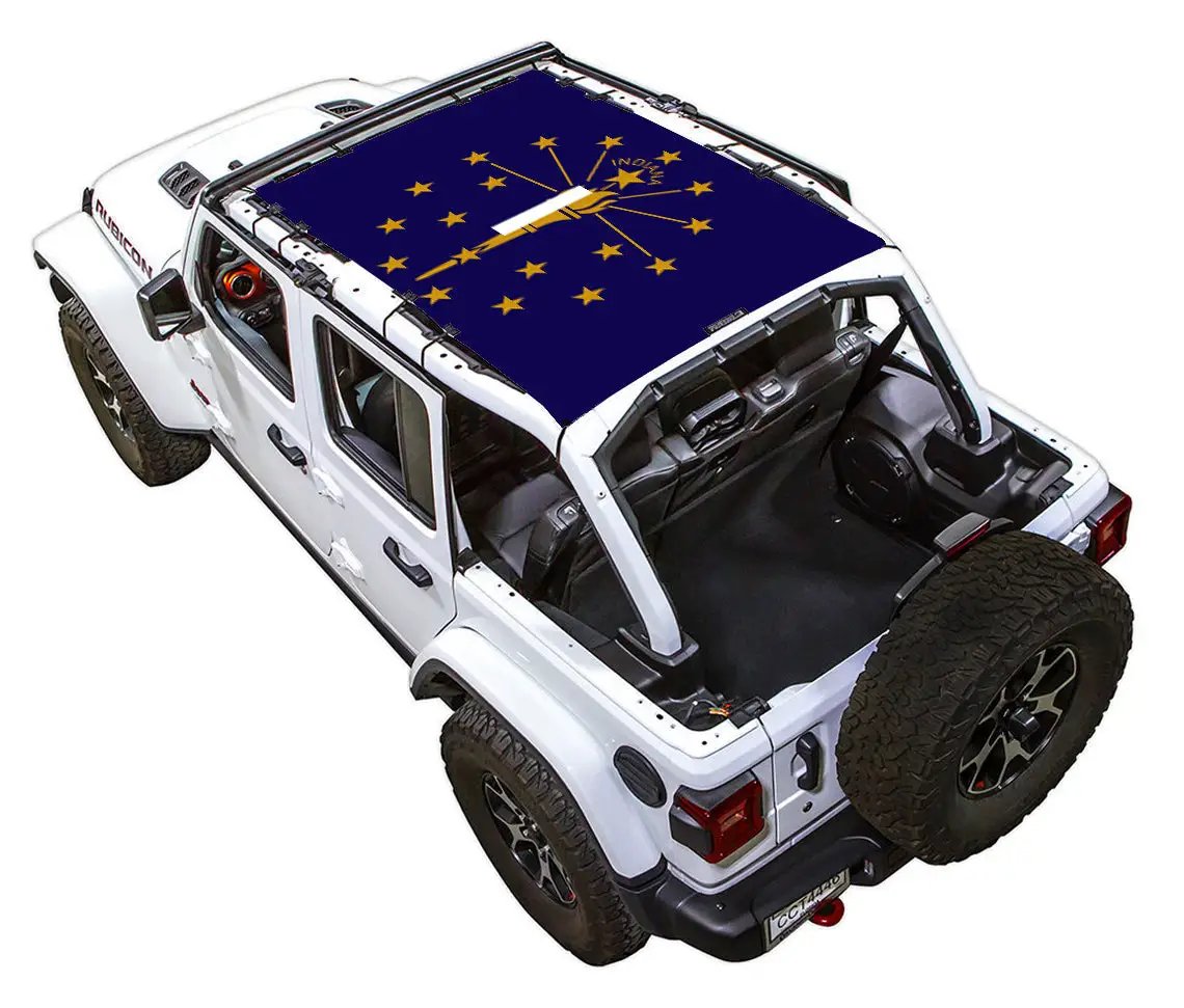 Sun shade for Jeep Wrangler JLU 4-Door by SpiderWebShade, blue Indiana state flag print