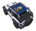 Sun shade top for Jeep Wrangler JL 2-Door by SpiderWebShade; blue printed Idaho state seal design