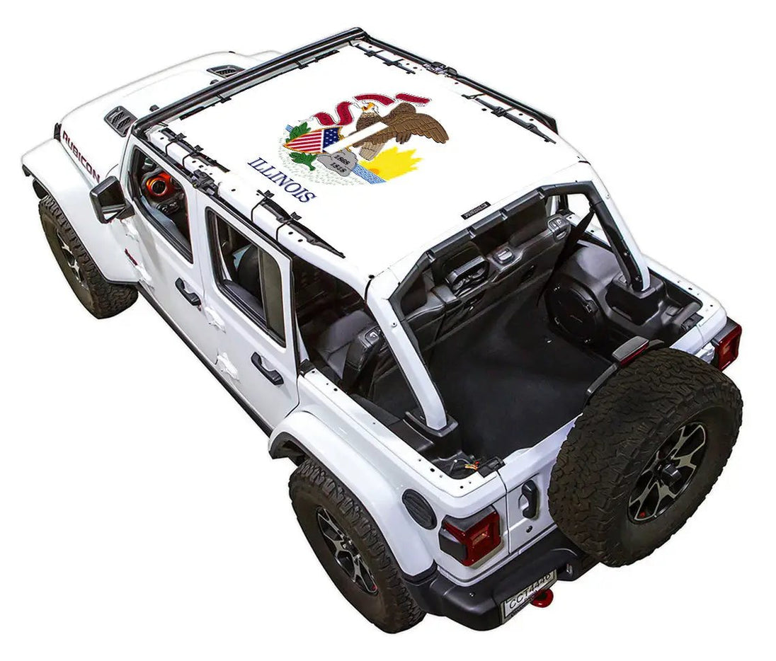 Sun shade top for Jeep Wrangler JLU 4-Door by SPIDERWEBSHADE with Illinois flag eagle print
