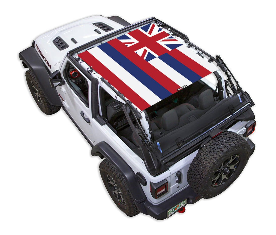 Sun shade for Jeep Wrangler JL 2-Door by SPIDERWEBSHADE featuring Hawaii flag print top