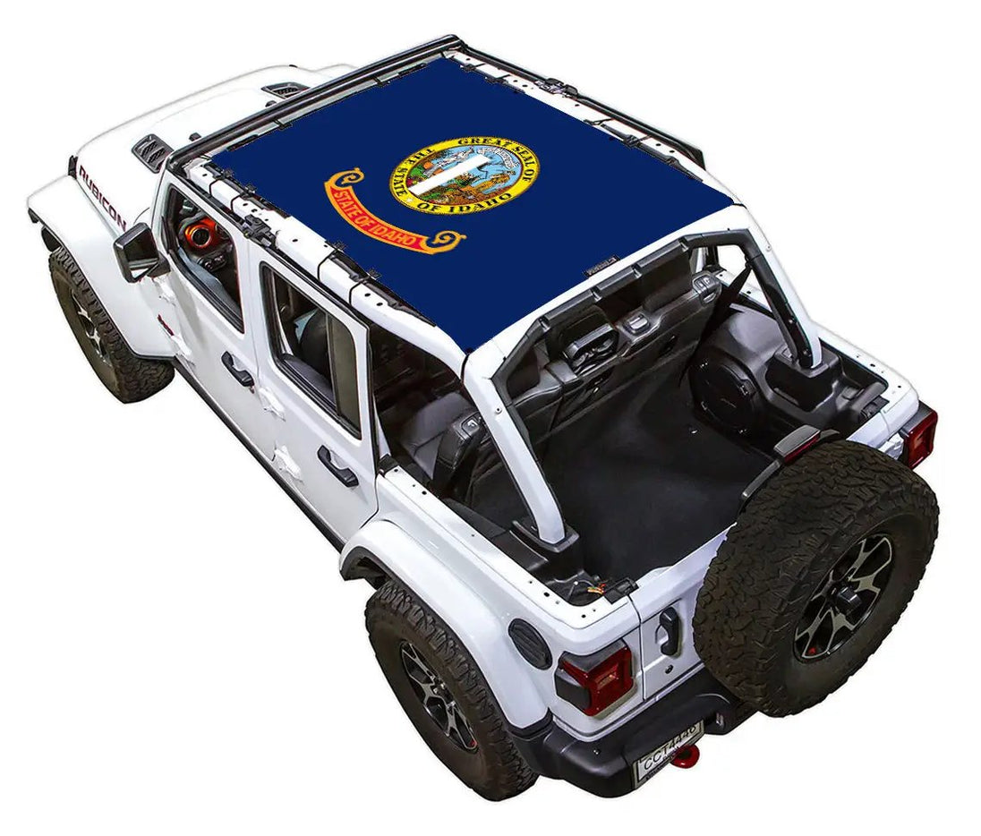 SPIDERWEBSHADE sun shade for Jeep Wrangler JLU 4-Door; blue printed shade top with Idaho state seal