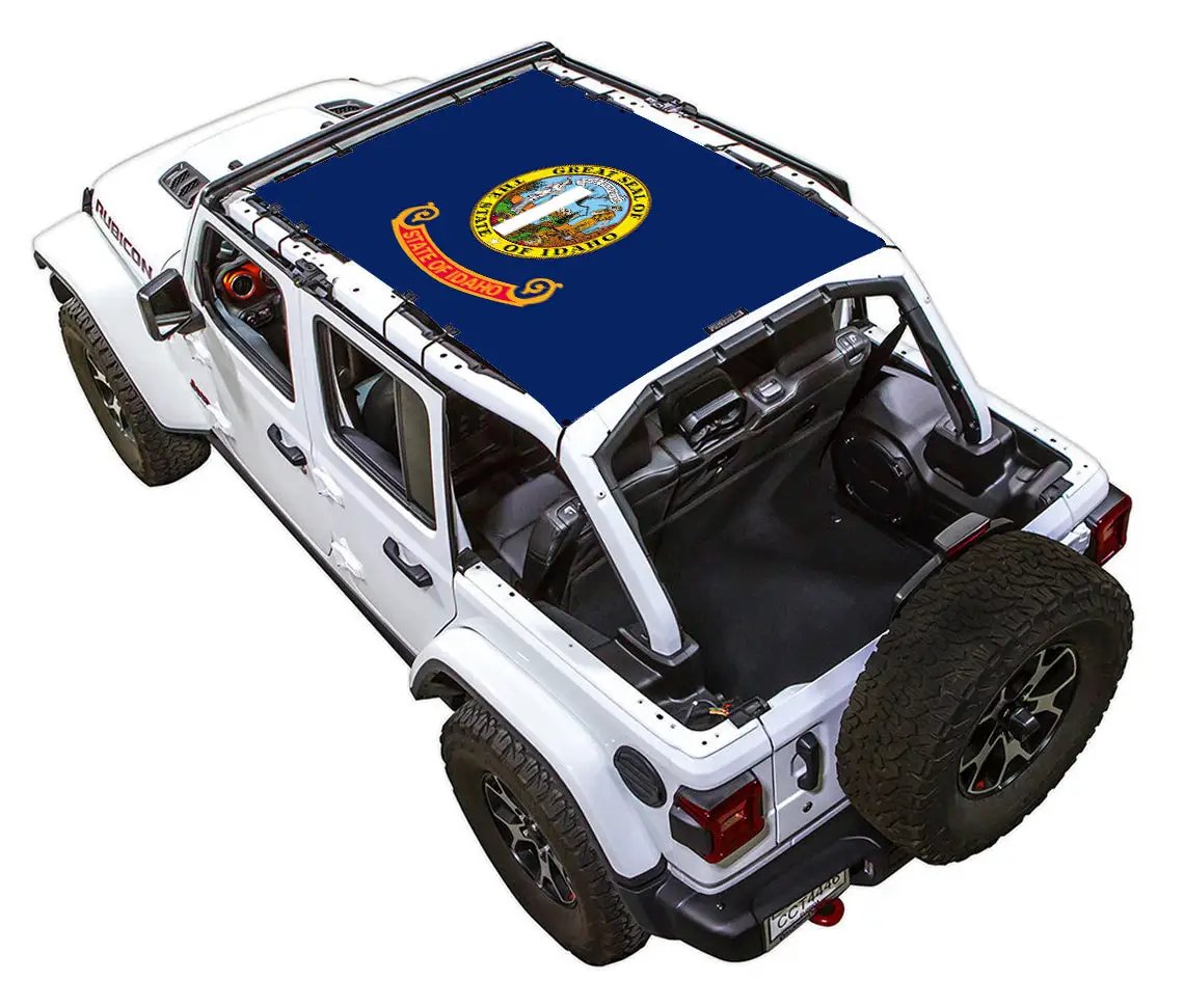 SPIDERWEBSHADE sun shade for Jeep Wrangler JLU 4-Door; blue printed shade top with Idaho state seal